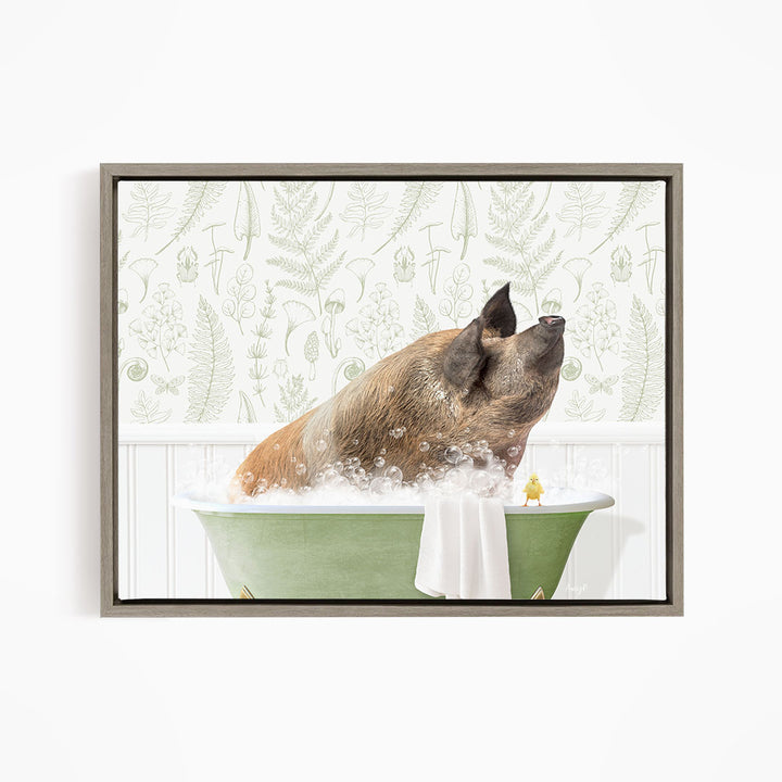 A brown dog is sitting in a green bathtub filled with bubbles, looking up at the camera.