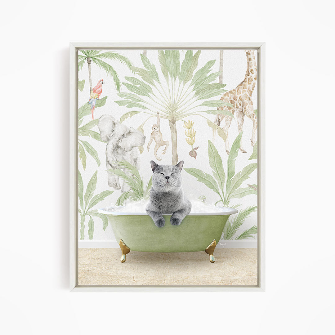 A gray cat sitting in a green bathtub, surrounded by tropical plants and animals, including a giraffe and a parrot.
