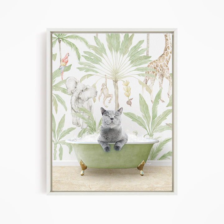A gray cat sitting in a green bathtub, surrounded by tropical plants and animals, including a giraffe and a parrot.