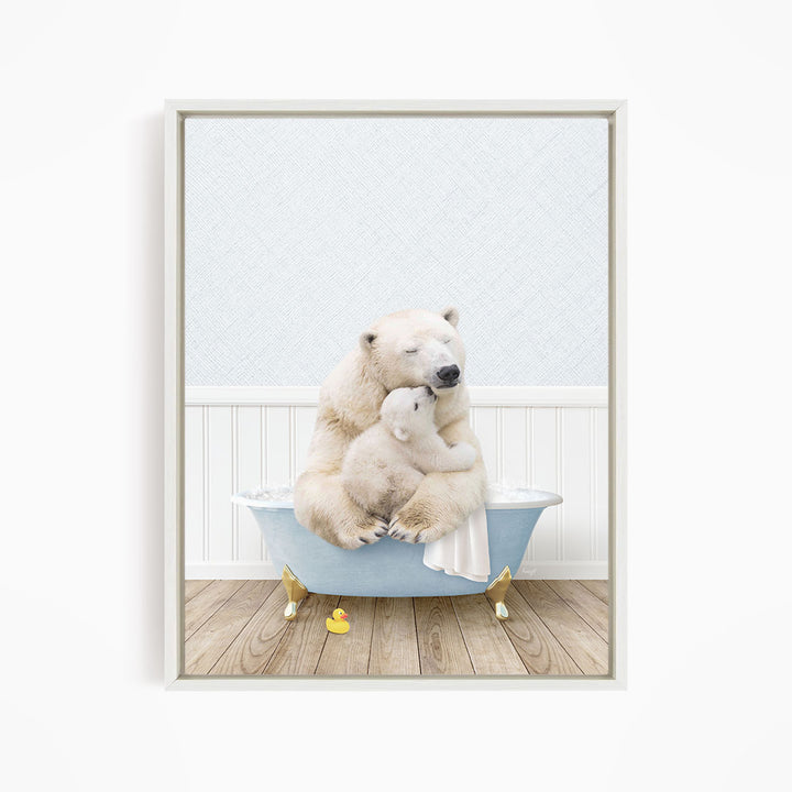A polar bear is sitting in a bathtub, with a baby bear nestled next to it, creating a heartwarming scene.