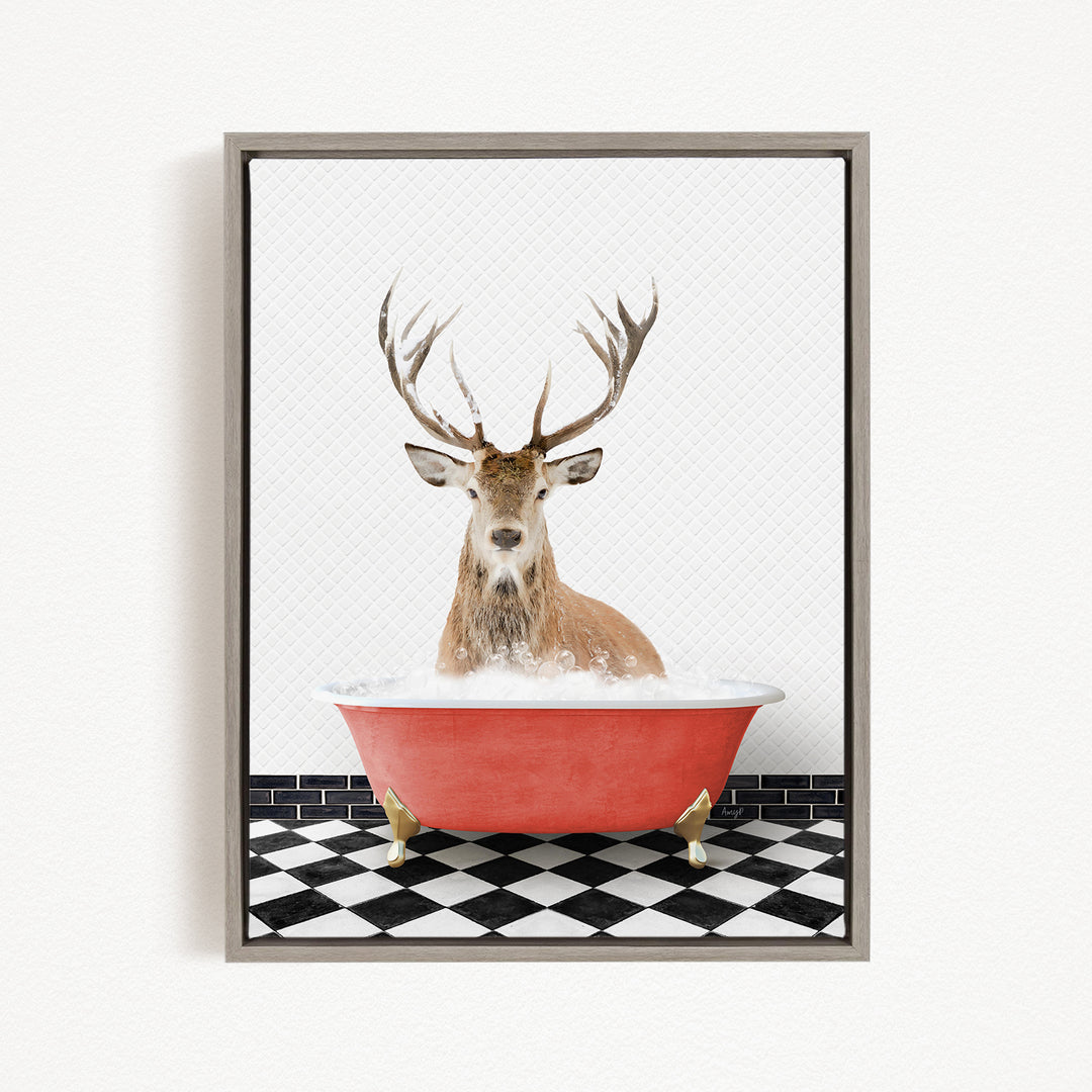 A deer with large antlers is sitting in a red bathtub filled with water, surrounded by a black and white checkered floor.