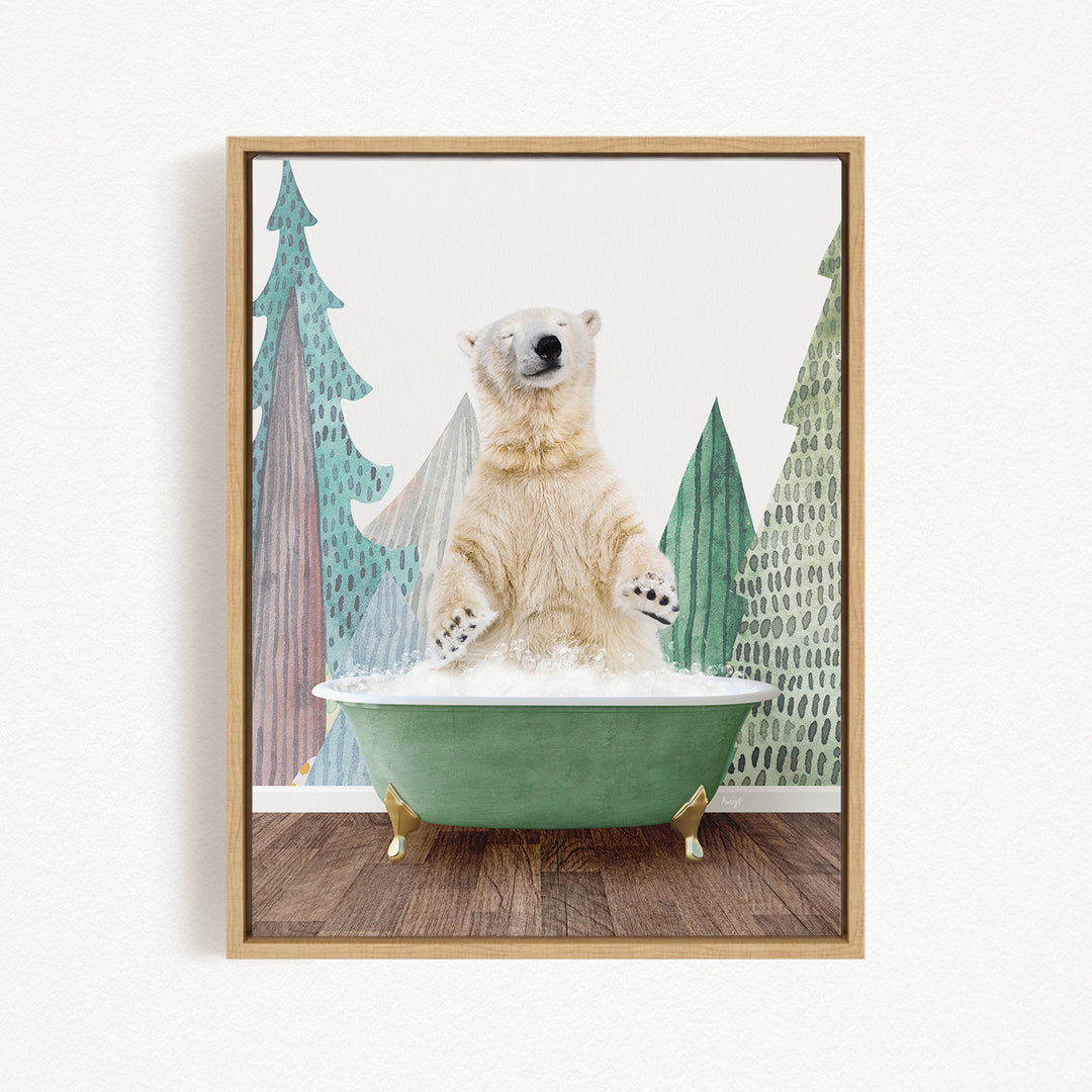 A polar bear is sitting in a green bathtub, surrounded by trees with a snowy landscape in the background.