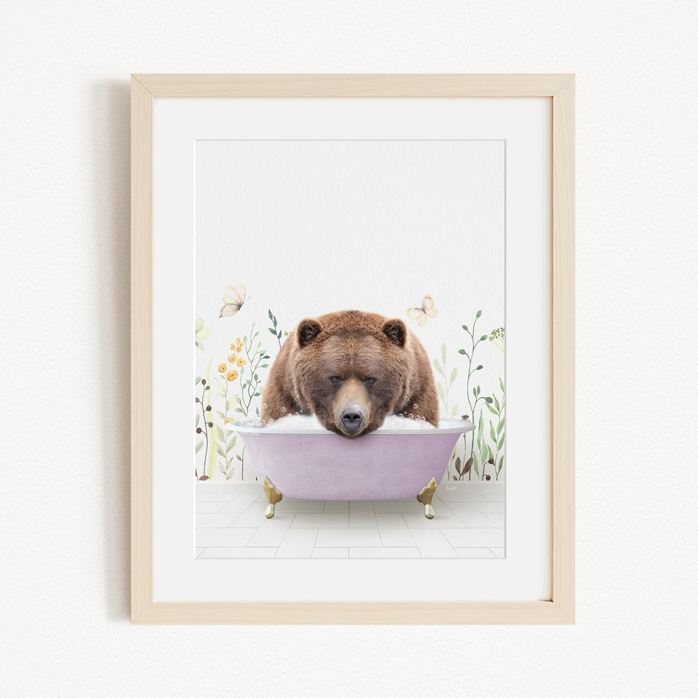 A brown bear is sitting in a purple bathtub, surrounded by flowers and butterflies, creating a whimsical and playful scene.