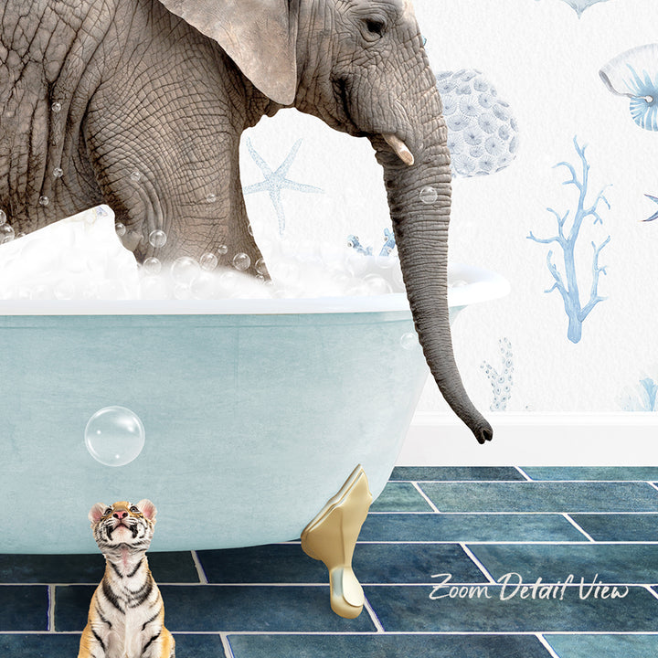 A tiger sits on the floor, looking up at a large elephant taking a bath in a blue bathtub, with bubbles surrounding them.
