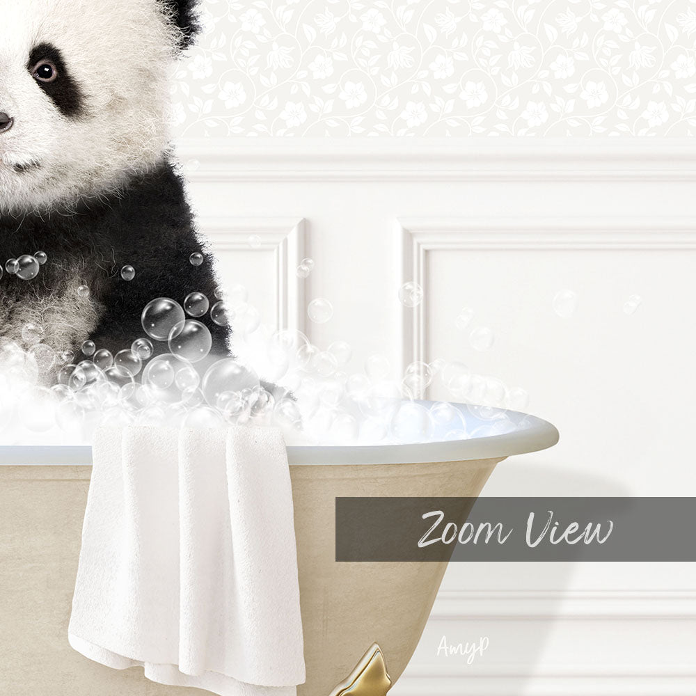 A panda bear sitting in a bathtub filled with bubbles, with the text "Zoom View" and "Amyp" visible in the image.