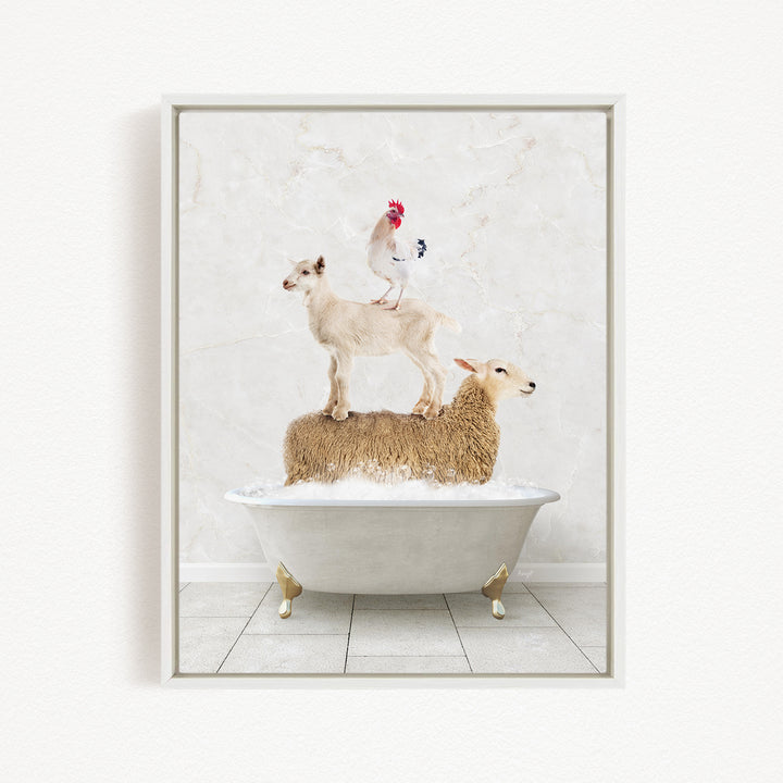 A framed image depicting a sheep standing on a tub filled with water, with a chicken perched on top of it.