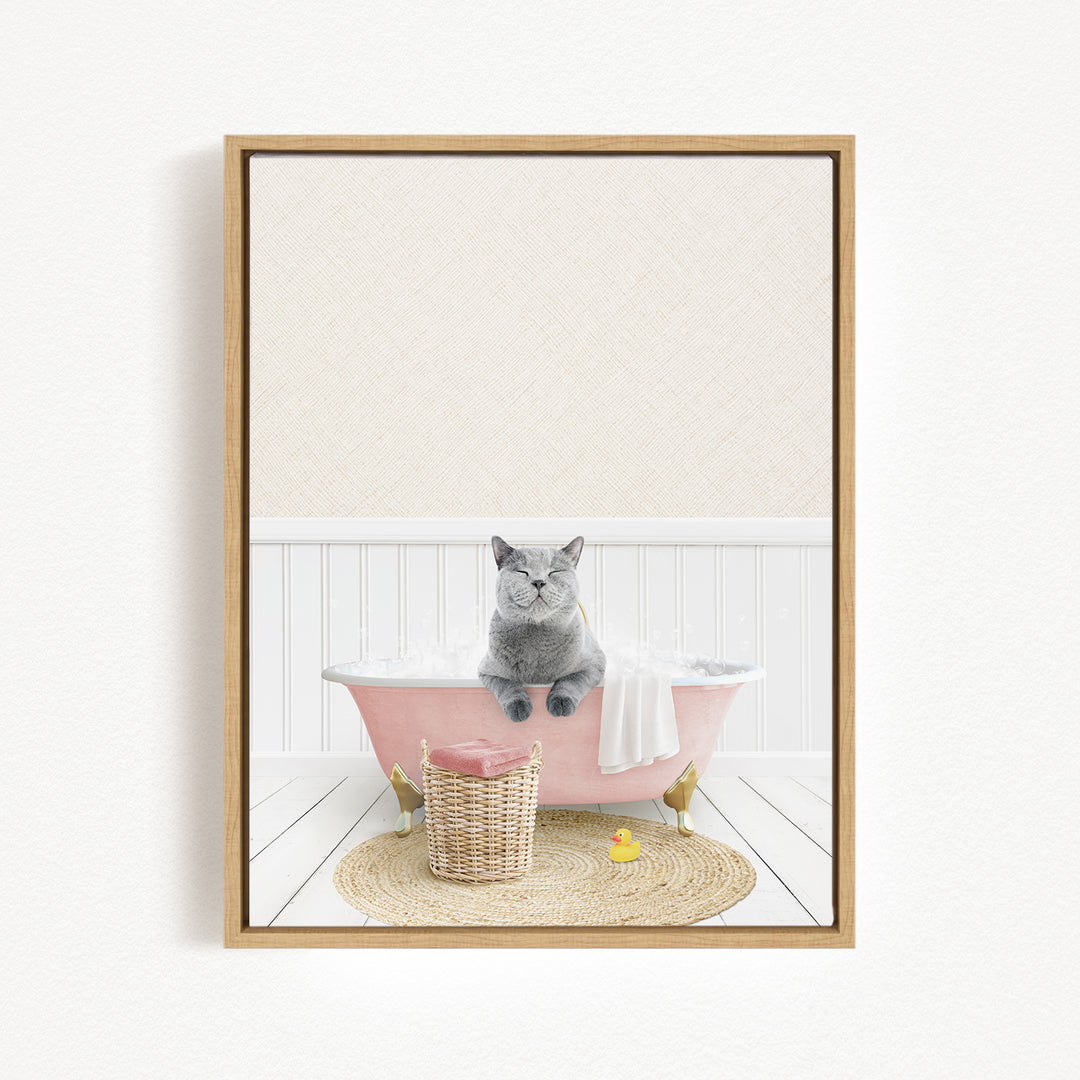 A gray cat sitting in a pink bathtub filled with bubbles, surrounded by a basket of bath toys and a yellow rubber duck.