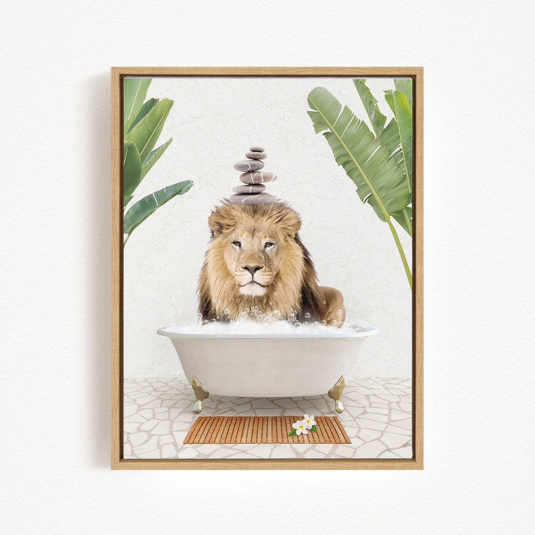 A lion is sitting in a bathtub filled with water, surrounded by tropical plants and a wooden mat.