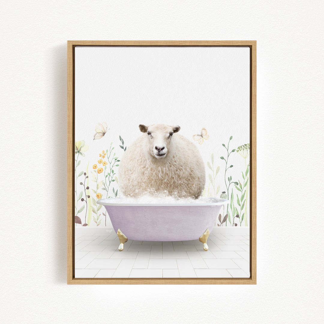 A fluffy white sheep is sitting in a purple bathtub, surrounded by flowers and butterflies, creating a whimsical and charming scene.