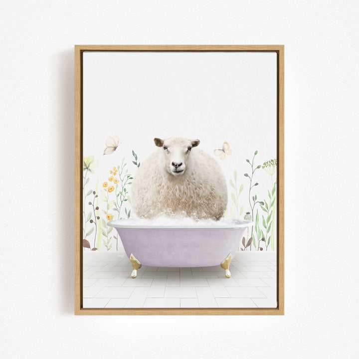 A fluffy white sheep is sitting in a purple bathtub, surrounded by flowers and butterflies, creating a whimsical and charming scene.