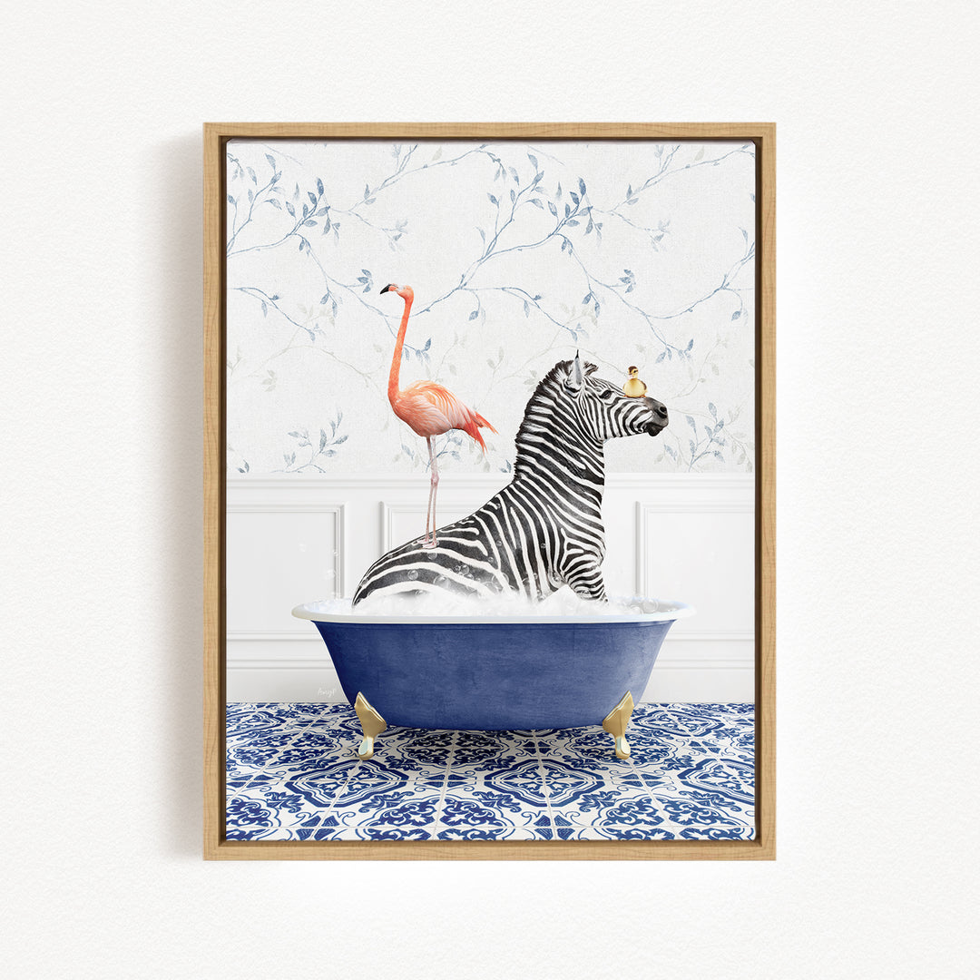 A zebra is sitting in a blue bathtub, with a pink flamingo standing on its back legs and a bird perched on its head.