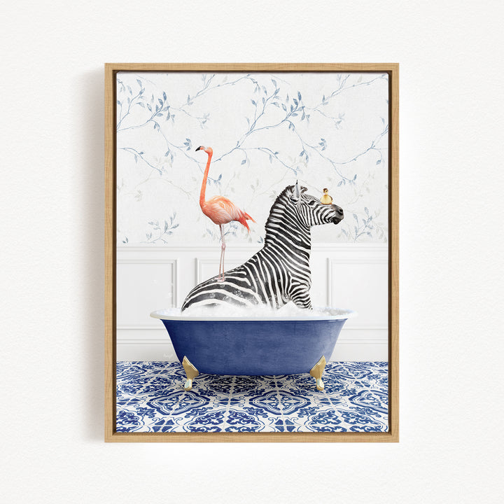 A zebra is sitting in a blue bathtub, with a pink flamingo standing on its back legs and a bird perched on its head.