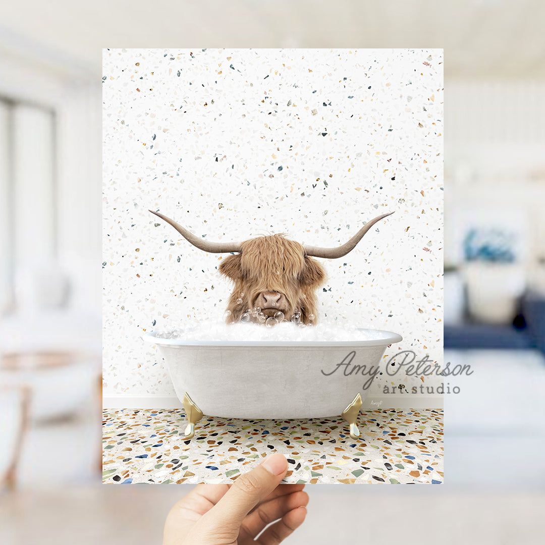 a person holding up a card with a picture of a bull in a bathtub