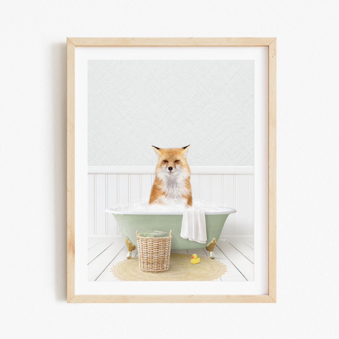 A red fox is sitting in a green bathtub filled with bubbles, surrounded by rubber ducks and a basket.