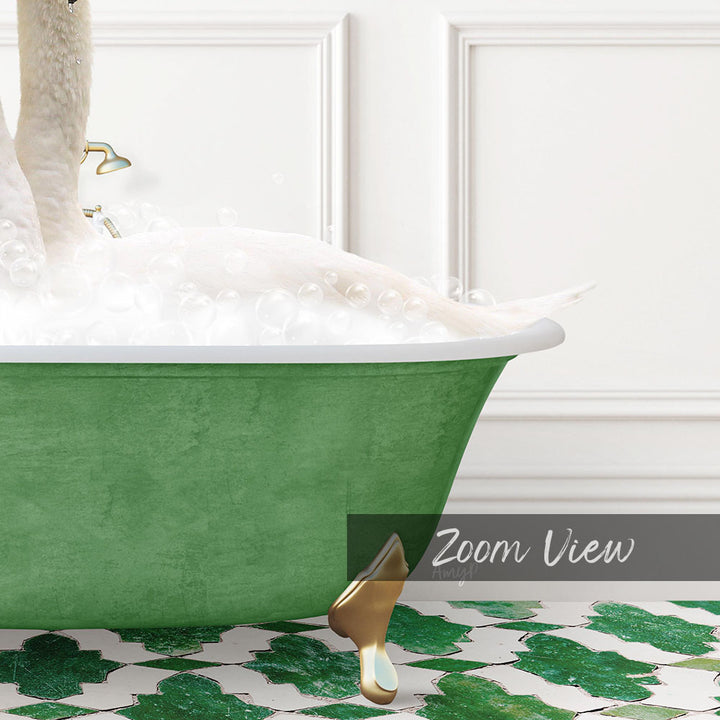 A green bathtub filled with bubbles, with a gold bathtub leg visible, and a swan-like figure in the water.