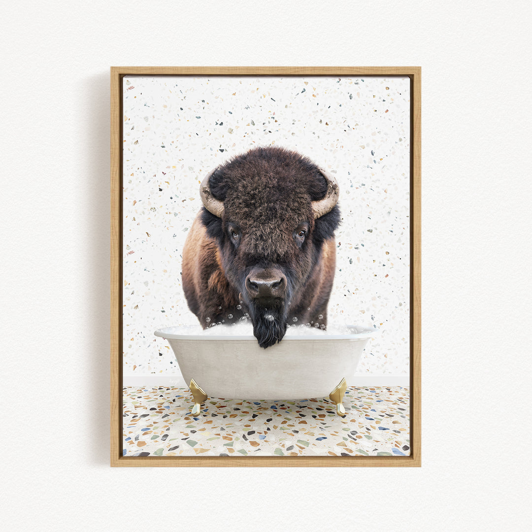 A buffalo with a long beard is standing in a white bathtub, with a speckled background.