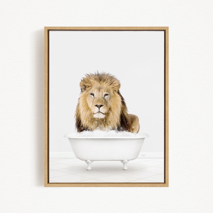 A lion sitting in a white bathtub filled with bubbles.