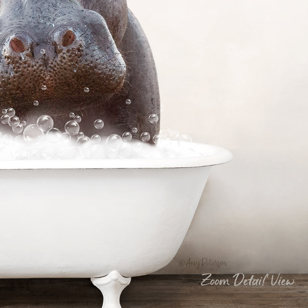 A close-up image of a hippopotamus submerged in a white bathtub filled with bubbles.