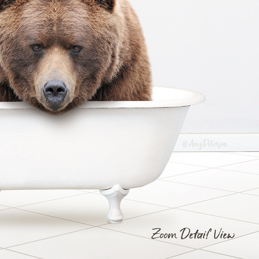 A large brown bear sitting in a white bathtub, with a tiled floor in the background.
