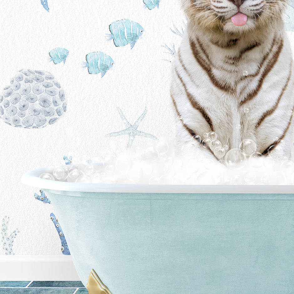 a tiger sitting in a bath tub with bubbles