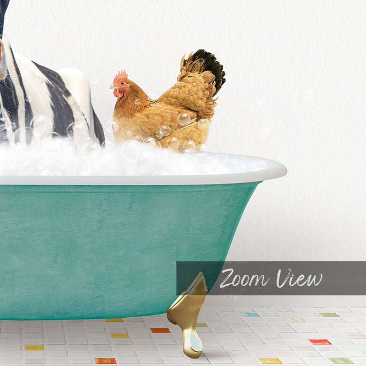 A chicken standing in a green bathtub filled with bubbles, with a text overlay that reads "Zoom View".