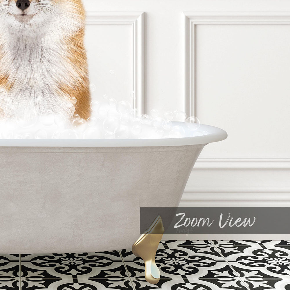 A fluffy orange and white cat is sitting in a white bathtub filled with bubbles, with a black and white patterned floor in the foreground.