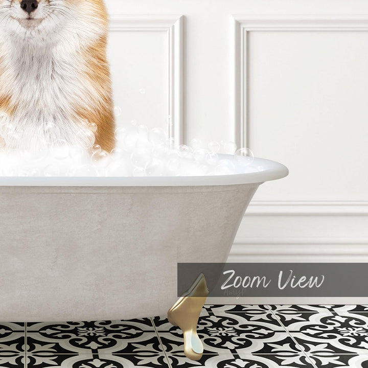 A fluffy orange and white cat is sitting in a white bathtub filled with bubbles, with a black and white patterned floor in the foreground.