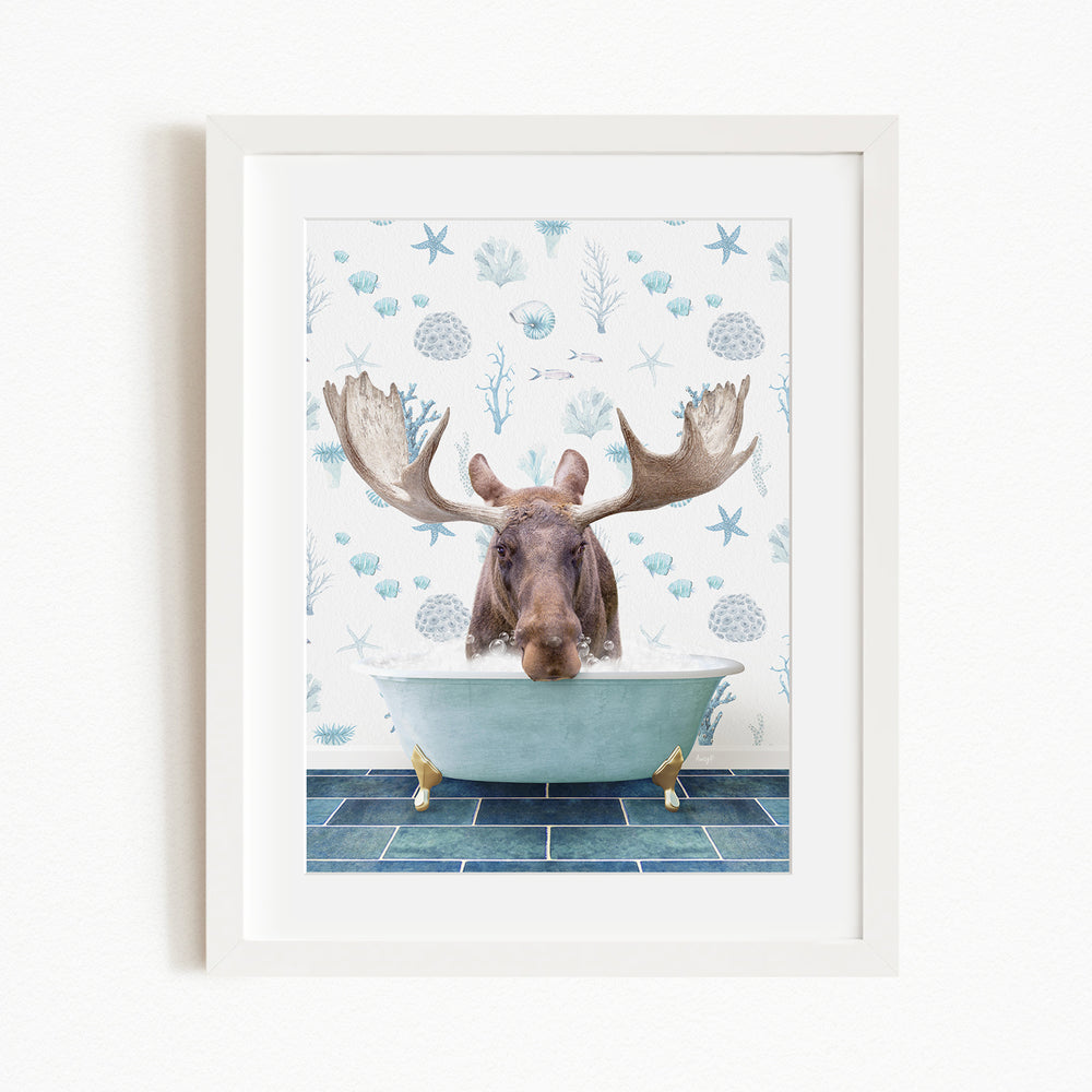 A moose is sitting in a bathtub filled with bubbles, surrounded by a blue and white patterned background.