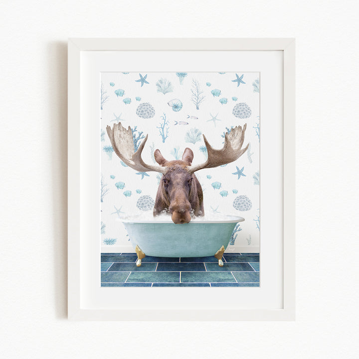 A moose is sitting in a bathtub filled with bubbles, surrounded by a blue and white patterned background.