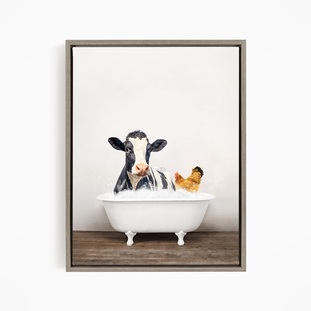 A black and white cow is sitting in a white bathtub, with a yellow chicken nearby, creating a whimsical and playful scene.