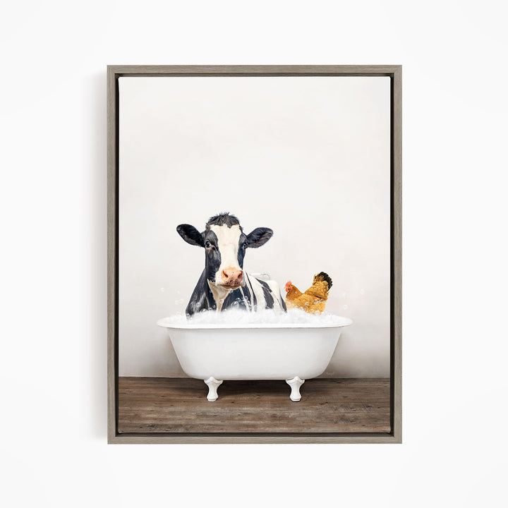 A black and white cow is sitting in a white bathtub, with a yellow chicken nearby, creating a whimsical and playful scene.