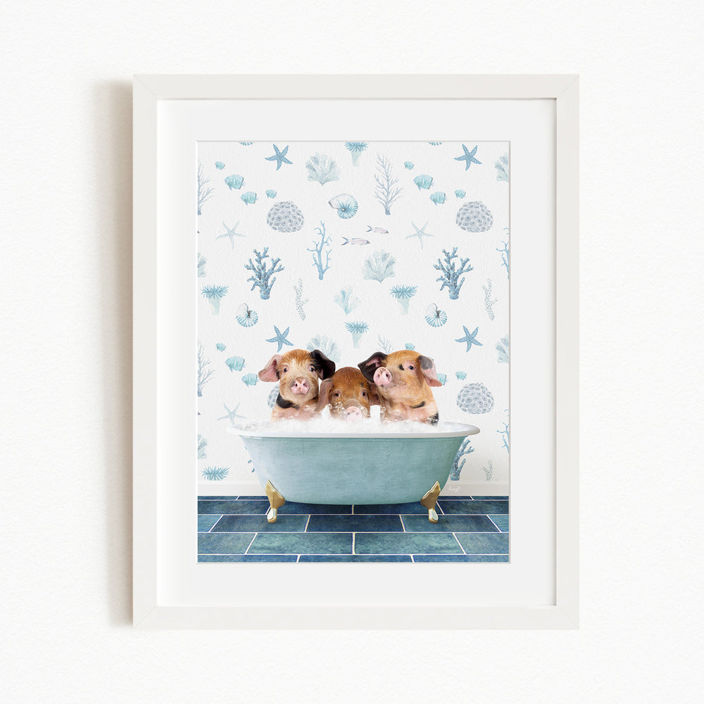 Three adorable pigs sitting in a bathtub, surrounded by a whimsical underwater scene with various sea creatures and plants.