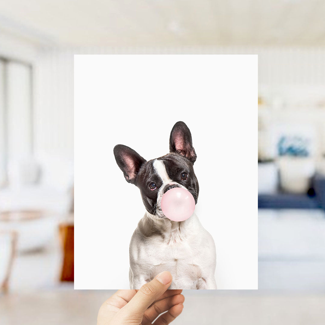 A hand is holding up a picture of a dog blowing a bubble with a pink bubble gum bubble.