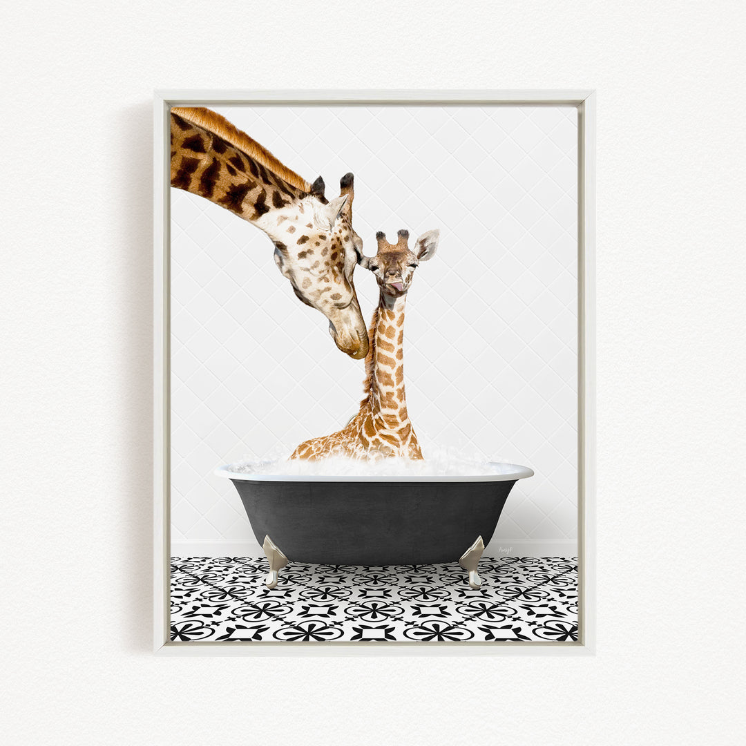 A mother giraffe and her baby giraffe are sitting together in a bathtub filled with water, creating a heartwarming scene.