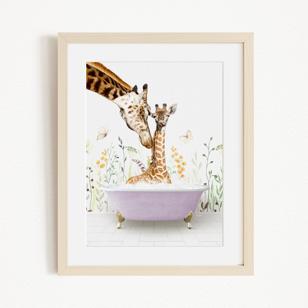 A mother giraffe and her baby giraffe are sitting in a purple bathtub filled with water, surrounded by flowers and butterflies.