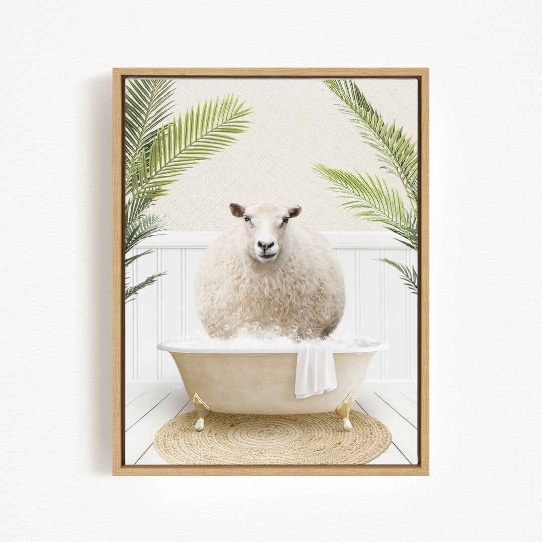 A fluffy white sheep sits in a bathtub filled with bubbles, surrounded by lush green palm fronds.
