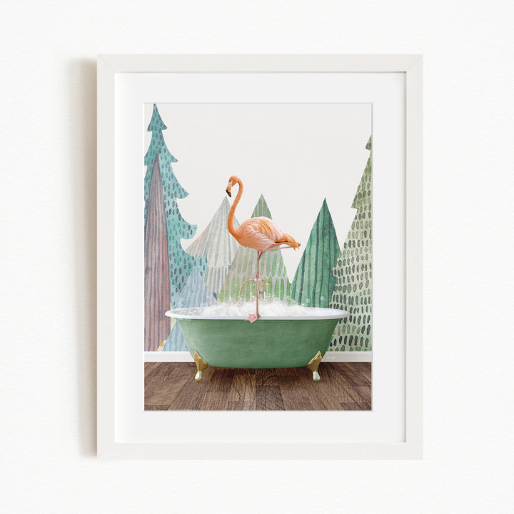 A pink flamingo standing in a green bathtub, surrounded by a forest-like background with trees and a snowy landscape.