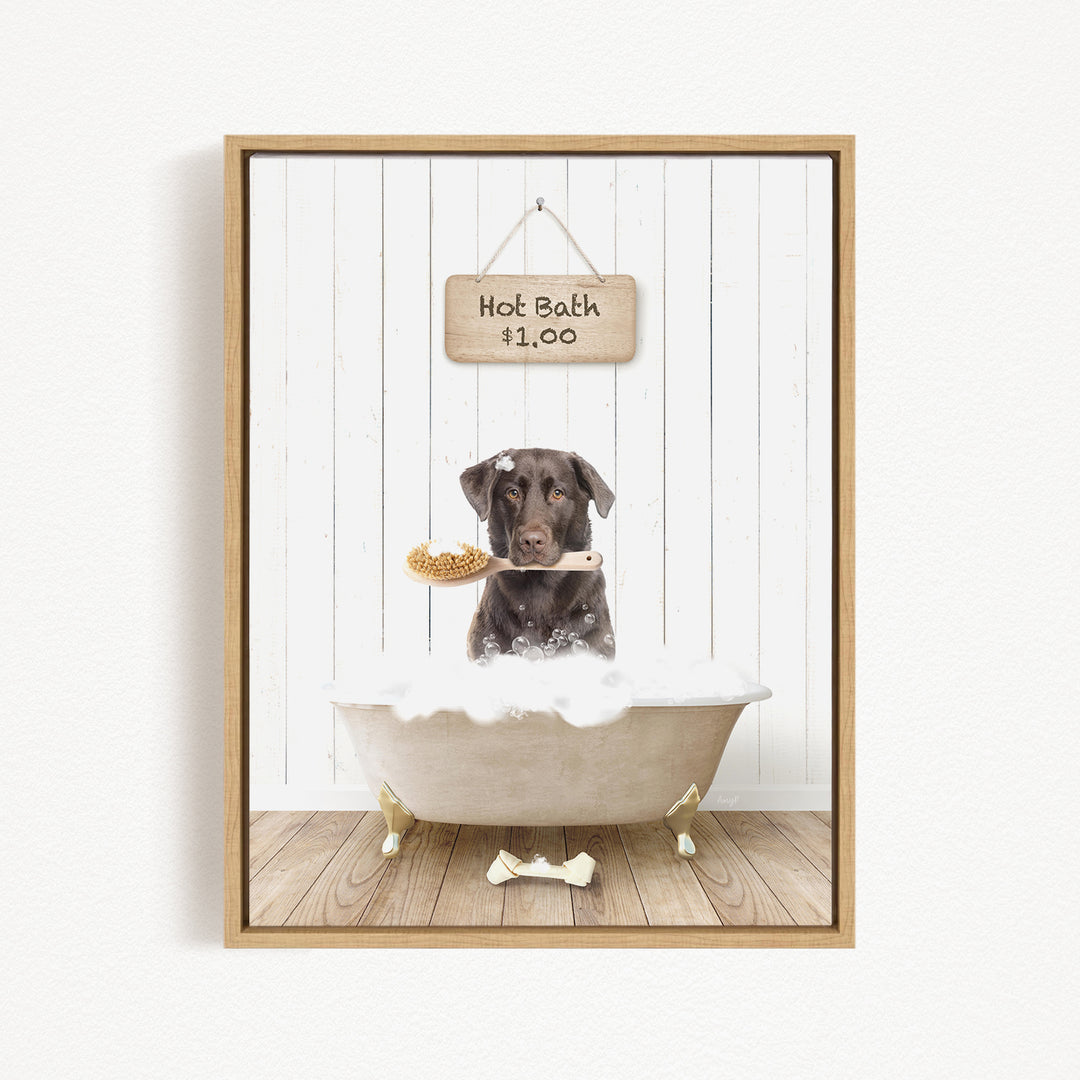 A brown dog is sitting in a white bathtub, holding a brush in its mouth, with a sign above the bathtub that reads "Hot Bath $1.00".