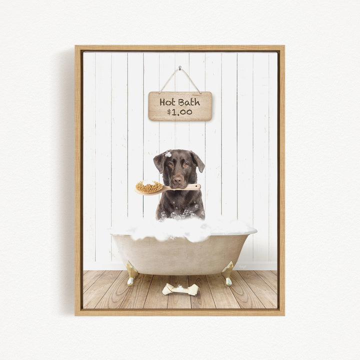 A brown dog is sitting in a white bathtub, holding a brush in its mouth, with a sign above the bathtub that reads "Hot Bath $1.00".