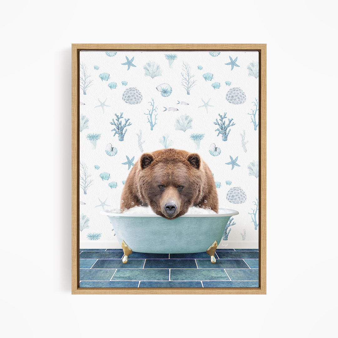 A brown bear is sitting in a blue bathtub, surrounded by a pattern of seashells, starfish, and other marine life.