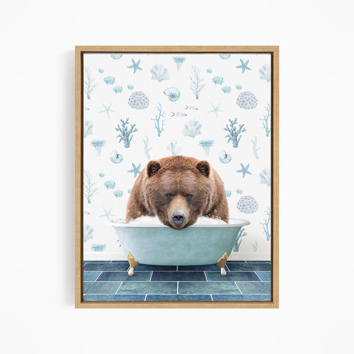 A brown bear is sitting in a blue bathtub, surrounded by a pattern of seashells, starfish, and other marine life.