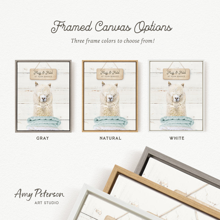 three framed canvas options for a "Fuffy & Fold" at your service sign, with three different frame colors to choose from: gray, natural, and white.