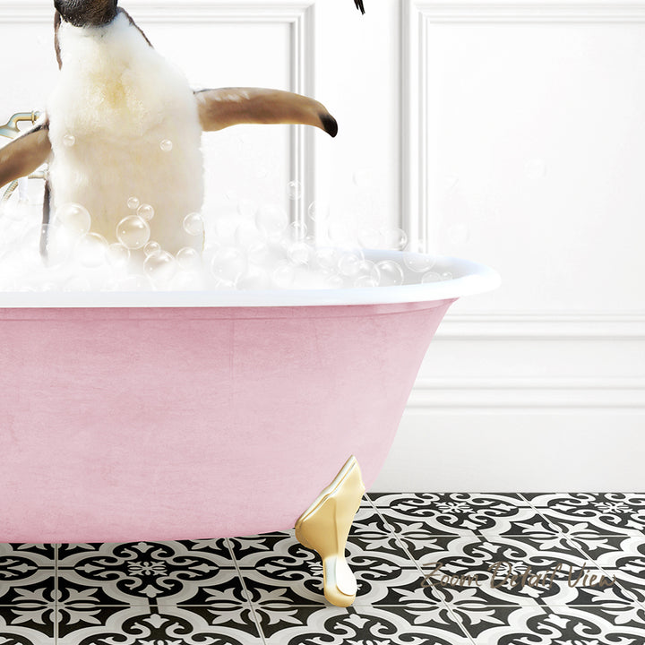 A pink claw-foot bathtub filled with bubbles, with a penguin standing inside it.