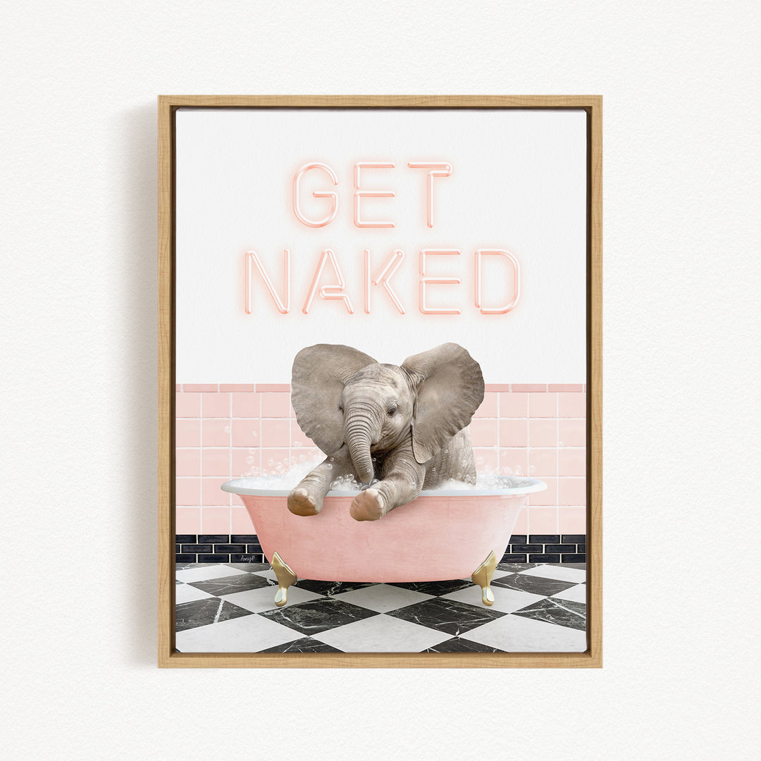 A framed poster with a pink bathtub and a baby elephant sitting in it, with the text "GET NAKED" written above the elephant.