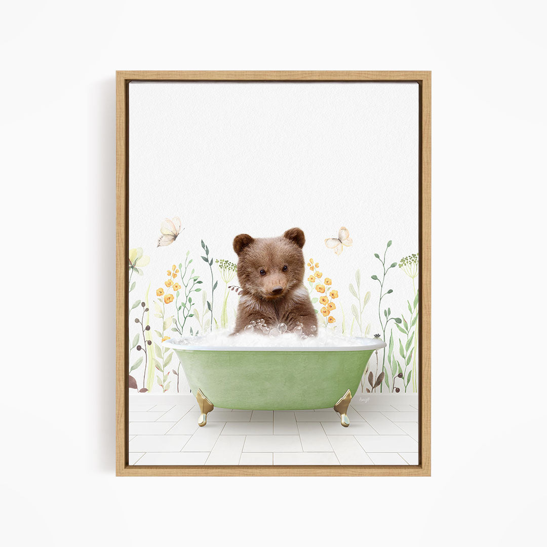 A cute brown bear sitting in a green bathtub filled with bubbles, surrounded by flowers and butterflies.