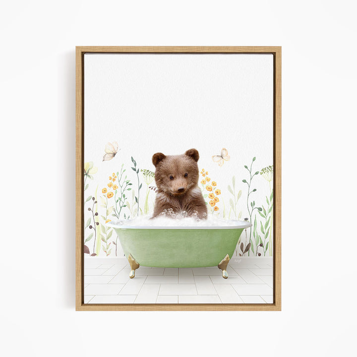 A cute brown bear sitting in a green bathtub filled with bubbles, surrounded by flowers and butterflies.