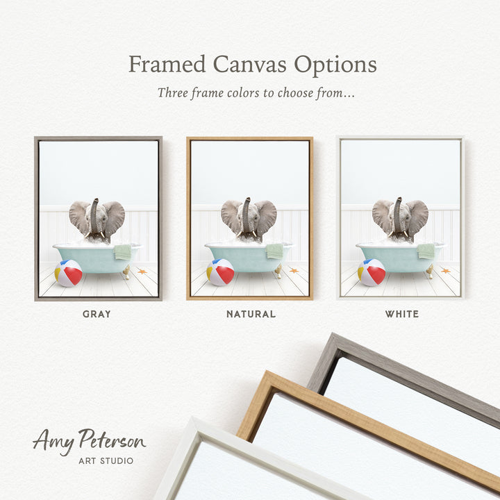 The image is a framed canvas option showcasing three different frame colors: gray, natural, and white. The canvas features an elephant in a bathtub with a beach ball and starfish nearby.