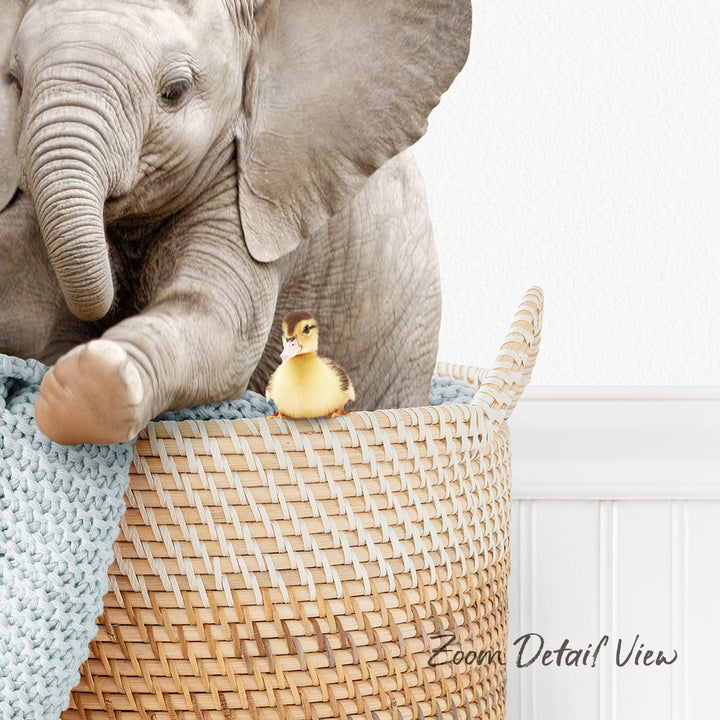 A baby elephant and a duckling are sitting together in a woven basket, with the elephant's trunk resting on the basket.