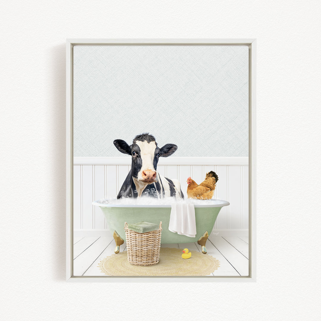 A cow is sitting in a bathtub filled with water, surrounded by a chicken and a rubber duck, creating a whimsical and playful scene.