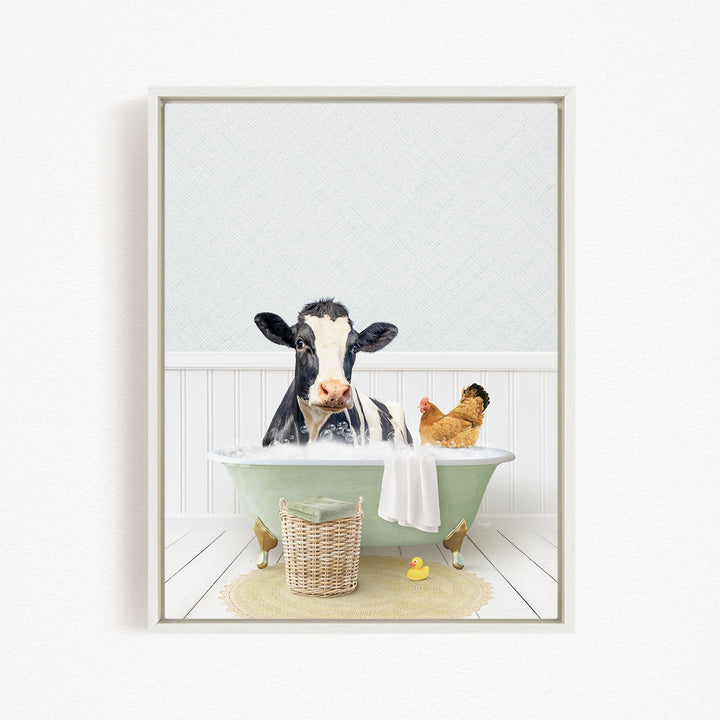 A cow is sitting in a bathtub filled with water, surrounded by a chicken and a rubber duck, creating a whimsical and playful scene.
